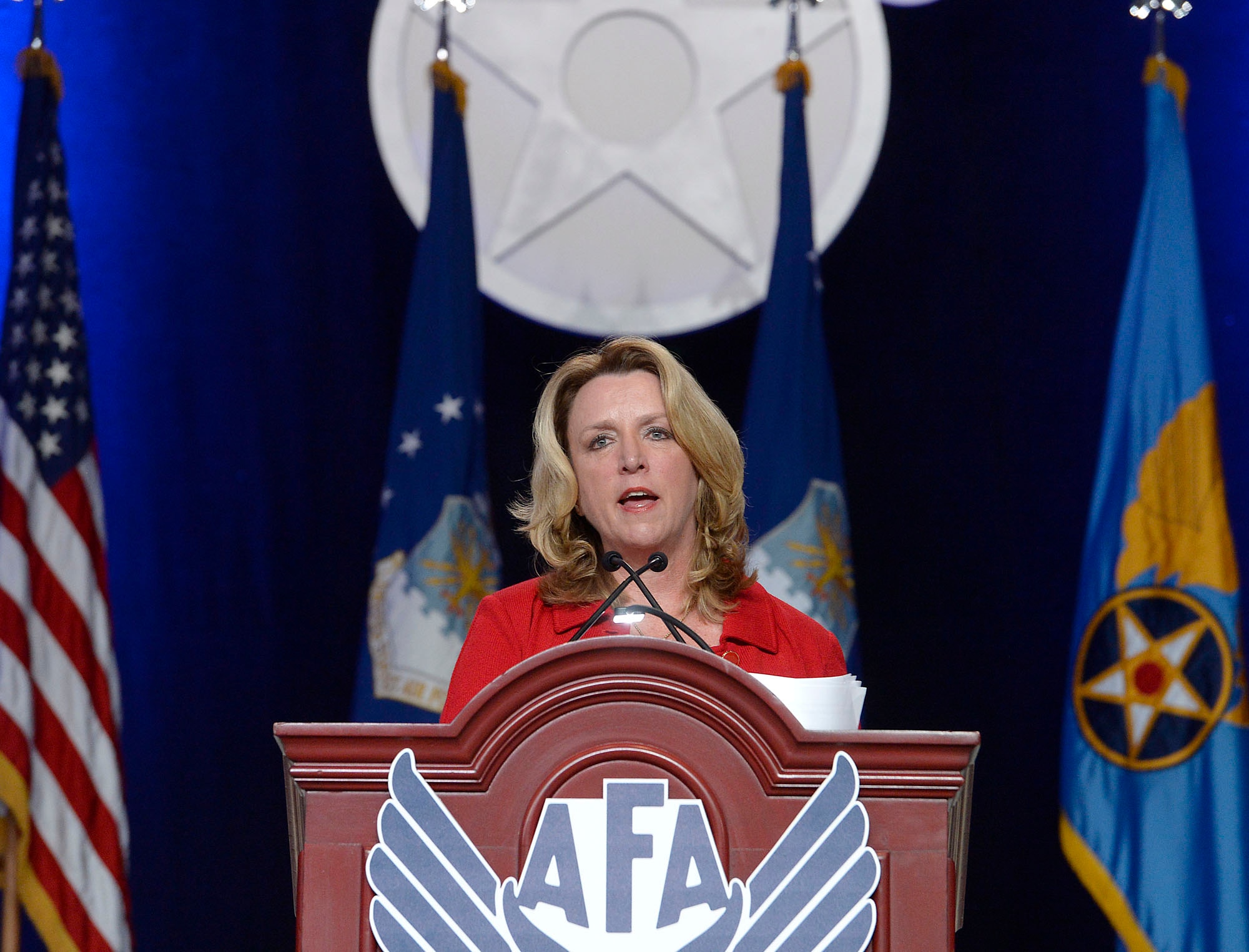 Air Force Secretary Deborah Lee James gives her "State of the Force" address during the Air Force Association's Air, Space and Cyber Conference in National Harbor, Md., Sept. 19, 2016. A highlight of James’ presentation was announcing the official name of the Air Force's newest bomber, the B-21 Raider. (U.S. Air Force photo/Scott M. Ash)
