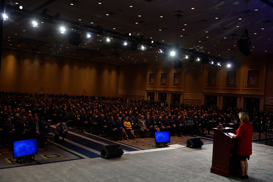 Air Force Secretary Deborah Lee James gives her "State of the Force" address during the Air Force Association's Air, Space and Cyber Conference in National Harbor, Md., Sept. 19, 2016. (U.S. Air Force photo/Staff Sgt. Whitney Stanfield)
