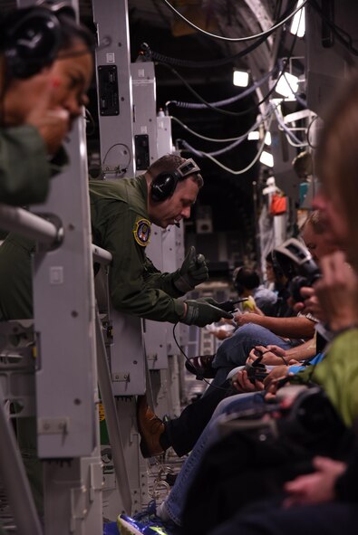 Flight nurses and medical technicians with the 514th Aeromoedical Evacuation Squadron here, show civilian guests how they perform their duties onboard the C-17 Globemaster III. Eighty employers of 514th Air Mobility Wing reservists participated in the annual Employer Appreciation Day events Saturday. The Freedom Wing guests flew on a C-17 Globemaster III and KC-10 Extender air refueling training mission, visited work stations and spoke with wing leadership. (U.S. Air Force photo/Senior Airman Terrence Clyburn) 