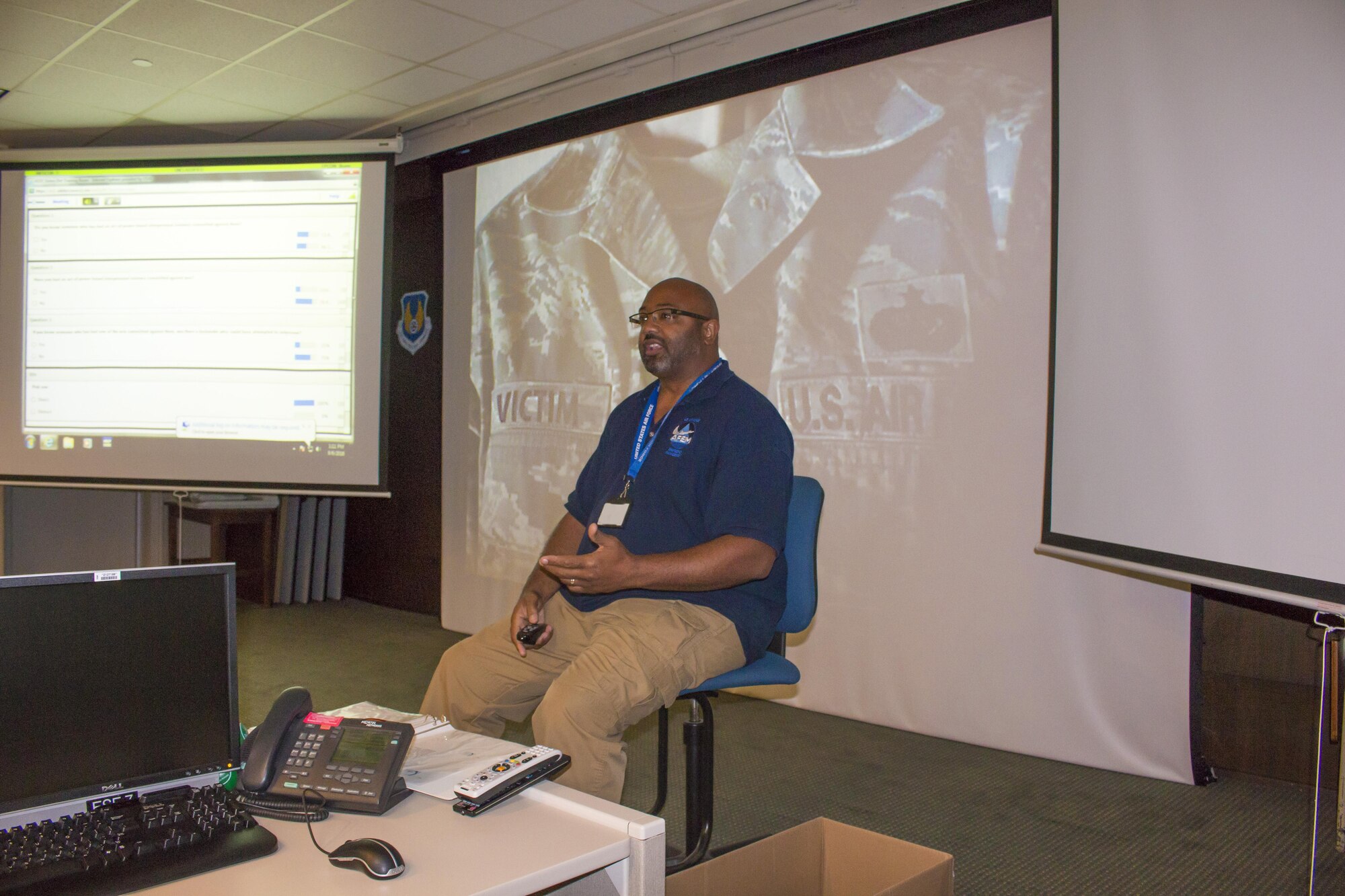 Lee Smith, a Green Dot implementer and Emergency Management Program manager at AEDC, speaks to AEDC military and government team members Sept. 6, 2016, during a Green Dot training session about preventing violence such as sexual assault, domestic violence and stalking. The non-profit Green Dot Etcetera organization was contracted by the Air Force to train leaders and designated Airmen and DOD personnel in violence prevention tools. The training is part of an Air Force wide initiative. (U.S. Air Force photo/Holly Peterson)