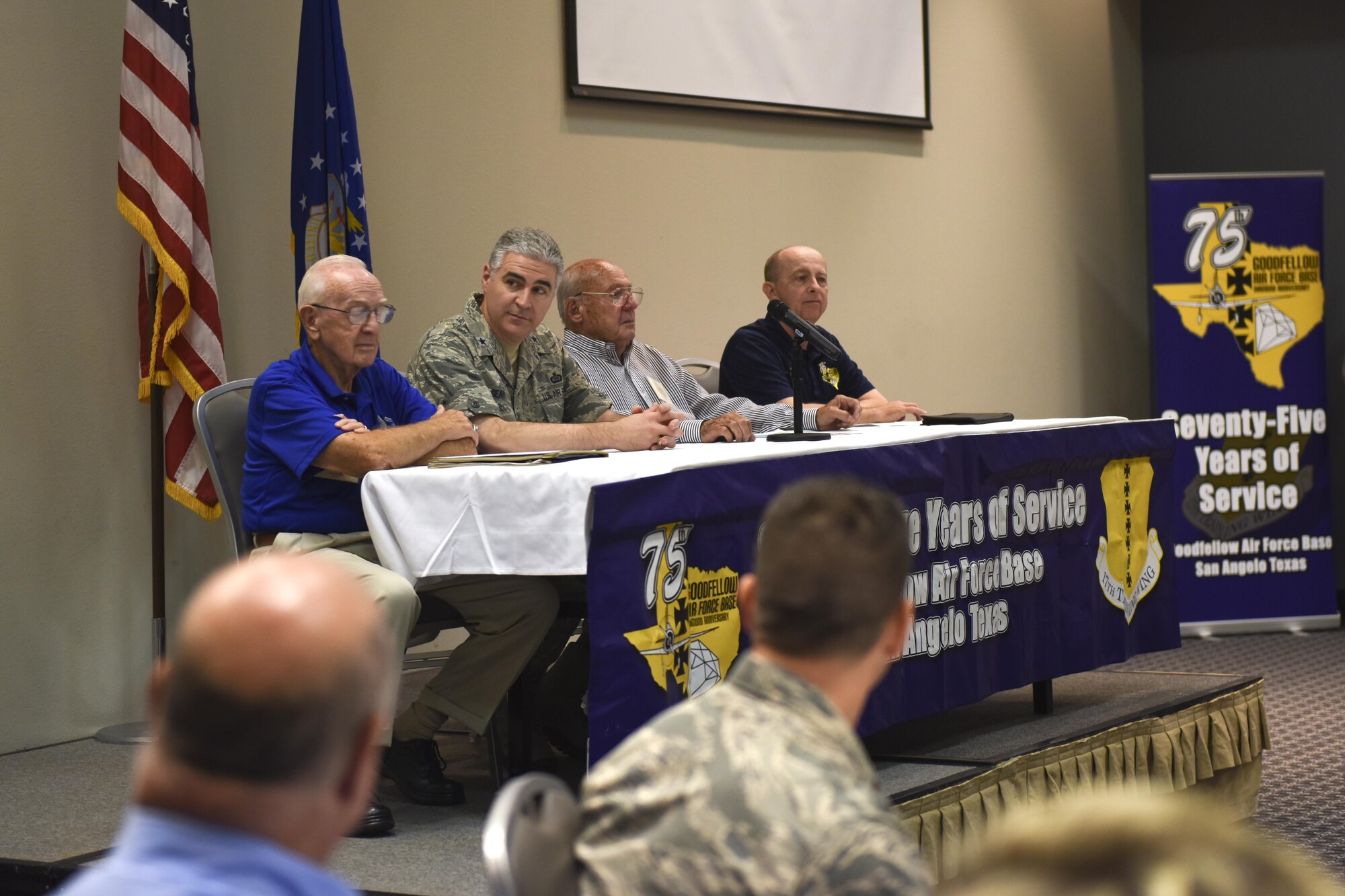 U.S. Air Force Brig. Gen. Thomas Geary, Intelligence Surveillance and Reconnaissance Strategy Plans Policy and Force Development director, answers a question for a Q-and-A panel during Founders Week at the Event Center on Goodfellow Air Force Base, Texas, Sept. 15, 2016. The Founders Week tour brought back previous commanders and chiefs to share their experiences and see Goodfellow’s progress. (U.S. Air Force photo by Airman 1st Class Chase Sousa/Released)