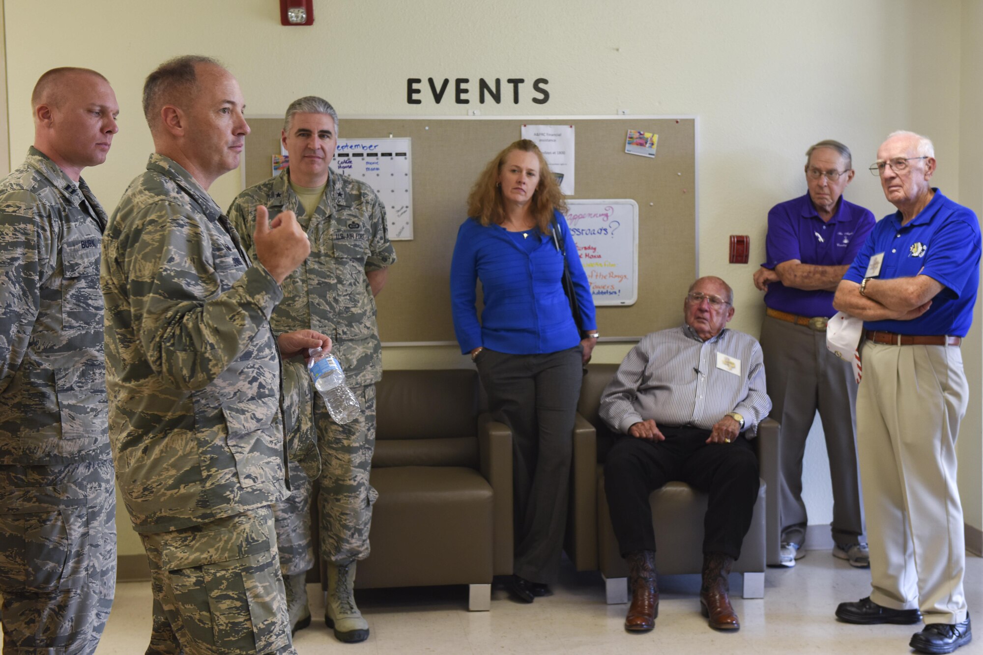 U.S. Air Force Col. Michael Downs, 17th Training Wing Commander, speaks to guests during the Founders Week tour at the Crossroads Student Center on Goodfellow Air Force Base, Texas, Sept. 15, 2016. The Crossroads Student Center exists to give Airmen a place to study and relax. (U.S. Air Force photo by Airman 1st Class Chase Sousa/Released)