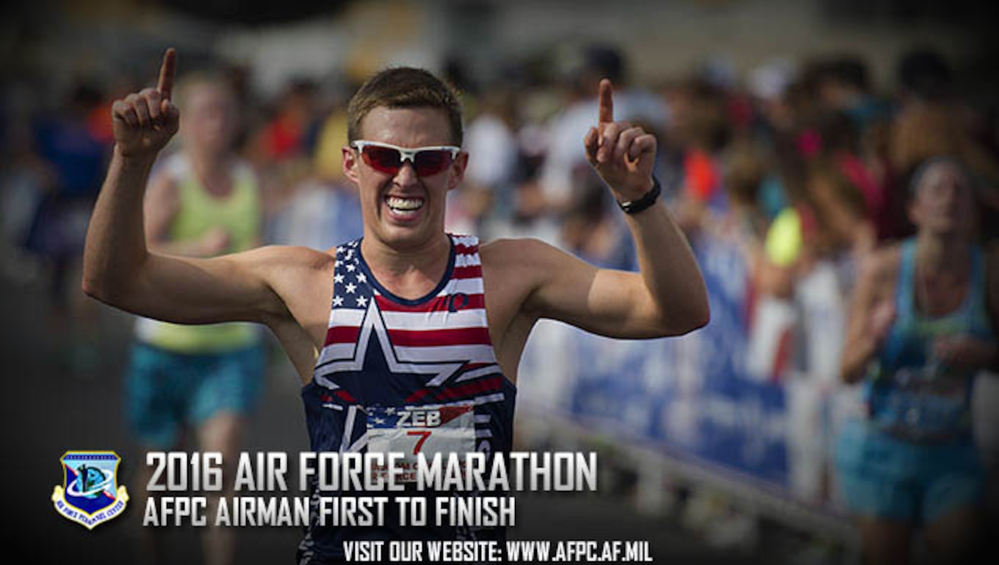 First Lt. Zebulon Hanley of San Antonio crosses the finish line to become the winner of the 20th U.S. Air Force Marathon men’s full marathon division at Wright-Patterson Air Force Base, Ohio, with a time of 2:47:04. (U.S. Air Force courtesy photo)