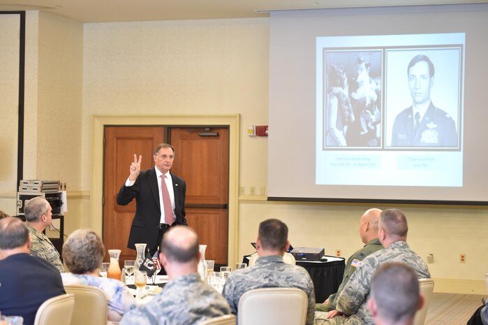 U.S. Air Force Lt. Col (Ret) Tom Hanton shares his story of his time as a prisoner of war at the Joint Base Charleston Club September 16, 2016, Joint Base Charleston, South Carolina. Every year, members from the base participate in a 24-hour vigil run, a luncheon to honor prisoners of war and those that are missing in action, as well as a formal retreat ceremony. 
