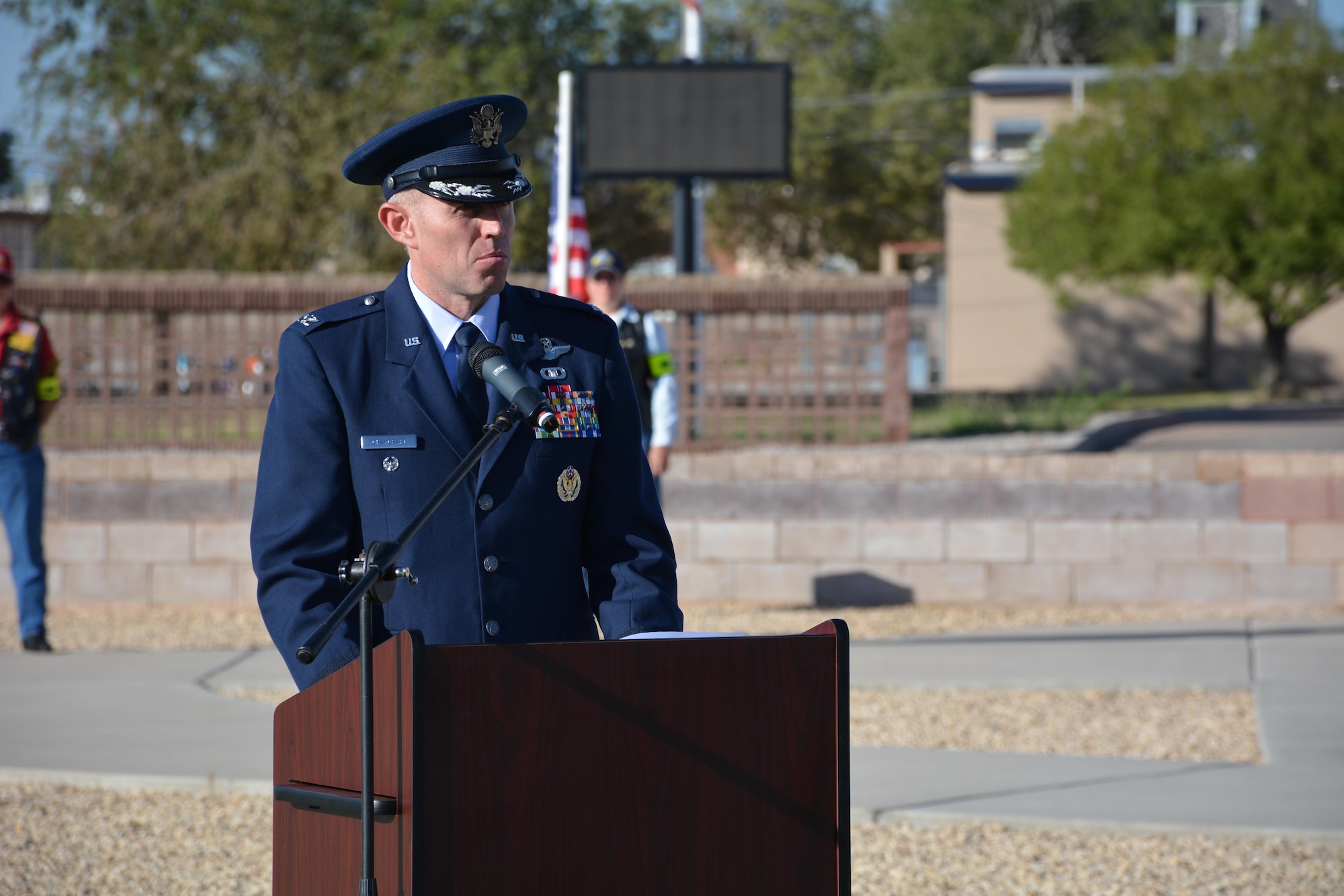 Colonel Ryan Craycraft, the 49th Wing vice commander, speaks at the POW/MIA remembrance ceremony at Holloman Air Force Base, N.M., on Sept. 16, 2016. The ceremony, which was in remembrance of prisoners of war and those still missing in action, were part of Holloman’s POW/MIA commemoration. (U.S. Air Force photo by Staff Sgt. Warren Spearman)