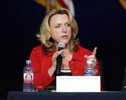 Secretary of the Air Force Deborah Lee James answers audience questions at an Air Force town hall session during the Air Force Association's Air, Space and Cyber Conference in National Harbor, Md., Sept. 19, 2016. (U.S. Air Force photo/Andy Morataya)