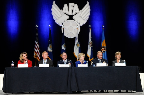 Senior leadership and spouses conduct an Air Force town hall session during the Air Force Association's Air, Space and Cyber Conference in National Harbor, Md., Sept. 19, 2016. (U.S. Air Force photo/Tech. Sgt. Natalie Stanley)