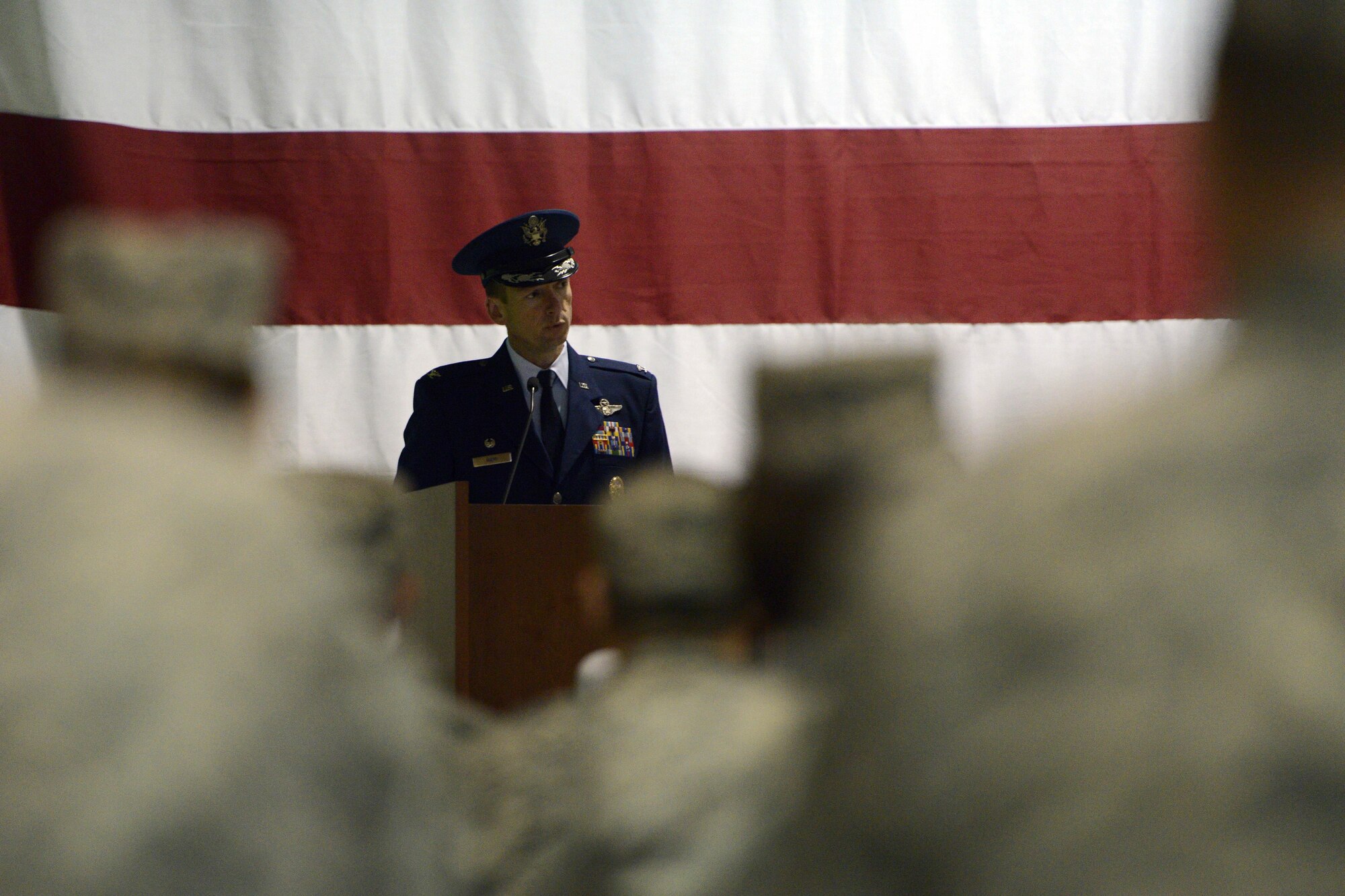 Air Force Col. Christopher Niemi, 3rd Wing commander, gives a speech at the POW/MIA ceremony at the Alaska National Guard Armory, Sept. 16, 2016. Alaska Gov. Bill Walker proclaimed Sept. 16 POW/MIA Recognition Day. “Alaskans are encouraged to honor, support, and remember those who were prisoners of war, those presently missing in action, and their loved ones, and I direct that all state agencies in possession of a POW/MIA flag shall fly [it],” the governor said. 