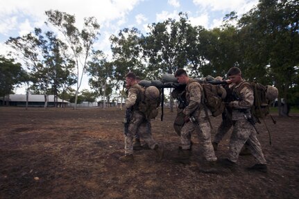 U.S. Marines with 1st Battalion, 1st Marine Regiment, Marine Rotational Force - Darwin, and Australian soldiers with 5th Battalion, Royal Australian Regiment, conduct a casualty evacuation drill during the Frontline Leaders Course at Robertson Barracks, Northern Territory, Australia, Sept. 10, 2016. The course is intended to be an addition to the Marine Corps Lance Corporal’s Seminar, Corporal's Course, and Sergeant's Course. The course instills knowledge and leadership skills to positively impact those under their charge and the future of the Marine Corps. 1st Battalion, 1st Marine Regiment, created the course and this will be the first time the course has been officially conducted. 