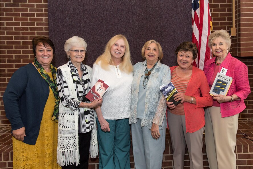 AEDC Woman’s Club members pause for a photo with guest speaker April Kelly, an author and television writer, during the Sept. 6 meeting. Pictured left to right are Anne Wonder, Mary Frances Cardosi, Kelly, Emily Cunningham, Joyce Mathis and Jimmie Lou Smith. (Courtesy photo)