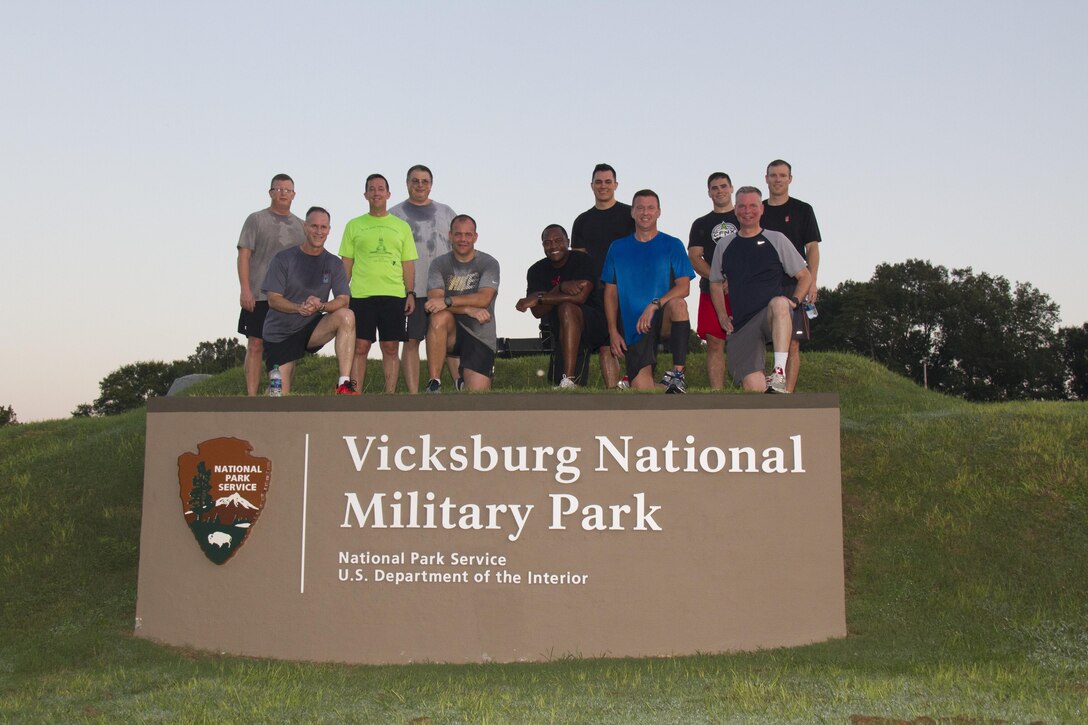 MVD commanders meet at the Vicksburg Military Park for an early morning run prior to attending a recent Regional Command Council meeting and MVD Headquarters. 
From left to right: Col. Richard Pannell, division deputy commander; Maj. Gen. Mike Wehr, division commander; Col. Mike Derosier, Vicksburg District commander; Jim Bodron, division Programs director; Col. Mike Ellicott, Memphis District commander; Col. Anthony Mitchell, St. Louis District commander; Capt. Ryan Alarcon, Vicksburg District project manager; Col. Craig Baumgartner, Rock Island District commander; Capt. Jordon Peck, aide-de-camp, Col. Mike Clancy, New Orleans District commander; and Maj. Matt Miller, aide-de-camp.