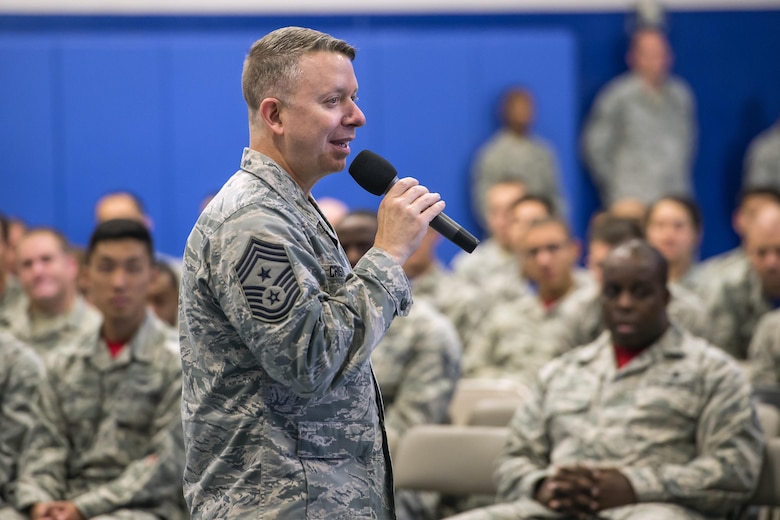 Chief Master Sgt. Brendan Criswell, Air Force Space Command command chief, holds an enlisted call at Schriever Air Force Base, Colorado, Friday, Sept. 16, 2016. During the enlisted call, he talked about Air Force issues affecting enlisted Airmen, including the recent Colorado Springs hailstorm and the blended retirement system. (U.S. Air Force photo/Dennis Rogers)
