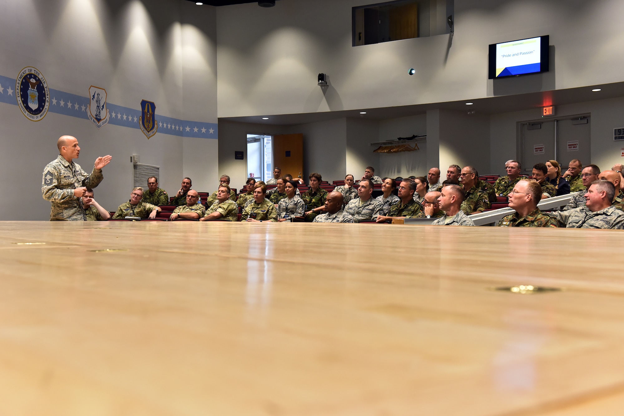 Chief Master Sgt. Edward Walden Sr., assigned to the I.G. Brown Training and Education Center, talks about the U.S. Air National Guard, Sept. 19, 2016, during the International Noncommissioned Officer Enlisted Leadership Development Seminar at McGhee Tyson Air National Guard Base in Louisville, Tenn. This year's INLEAD includes 39 NCOs from the United States, United Kingdom, Canada, Germany, Netherlands and Switzerland. (U.S. Air National Guard photo by Master Sgt. Mike R. Smith)