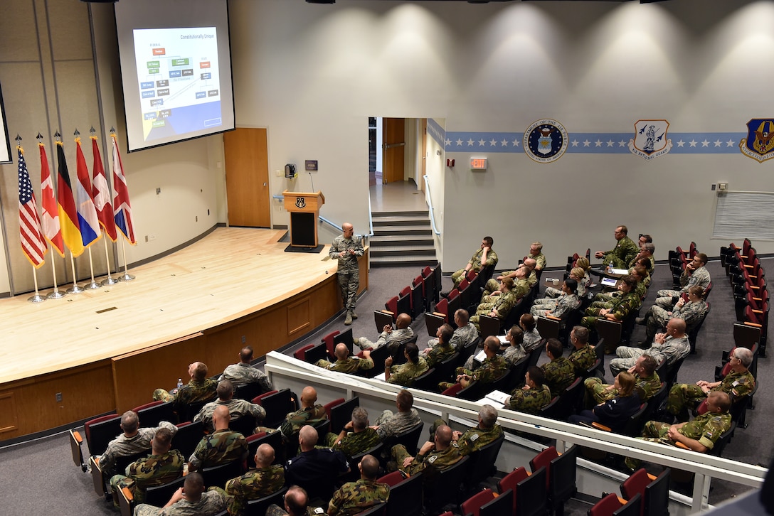 Chief Master Sgt. Edward Walden Sr., assigned to the I.G. Brown Training and Education Center, talks about the U.S. Air National Guard, Sept. 19, 2016, during the International Noncommissioned Officer Enlisted Leadership Development Seminar at McGhee Tyson Air National Guard Base in Louisville, Tenn. This year's INLEAD includes 39 NCOs from the United States, United Kingdom, Canada, Germany, Netherlands and Switzerland. (U.S. Air National Guard photo by Master Sgt. Mike R. Smith)