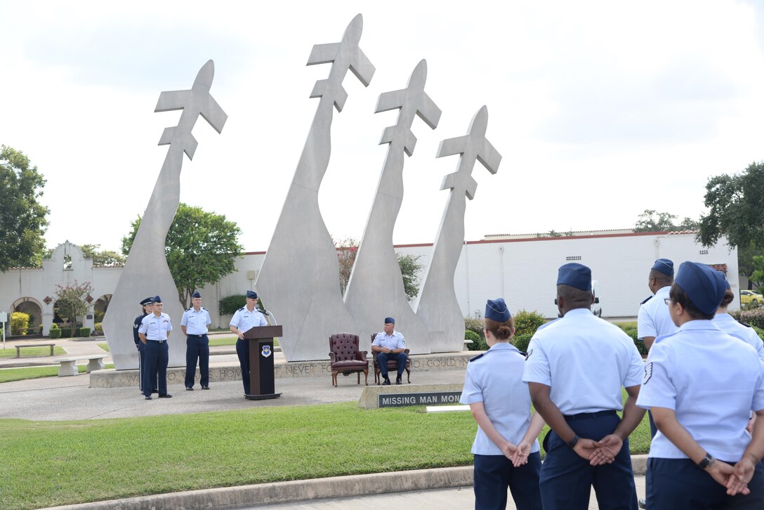 Col. Jupe A. Etheridge, 12th Operations Group commander, speaks during the Prisoners of War and Missing in Action retreat ceremony Sept. 15 at Joint Base San Antonio-Randolph. Each year, these ceremonies are hosted at the Missing Man Monument and on this day, Americans across the country pause to remember the sacrifices and service of those who were prisoners of war, as well as those who are missing in action.