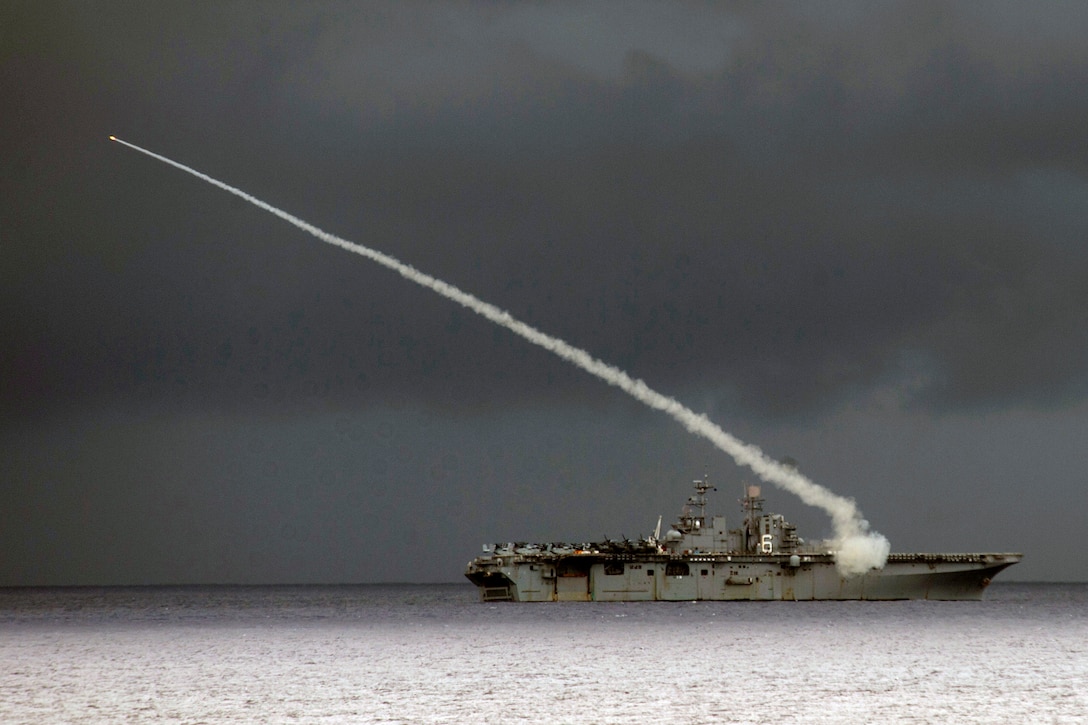 The amphibious assault ship USS Bonhomme Richard fires a Sea Sparrow missile during Valiant Shield 2016 in the Philippine Sea, Sept. 18, 2016. The biennial exercise focuses on integrating joint training among U.S. forces. Navy photo by Petty Officer 2nd Class Raymond D. Diaz III