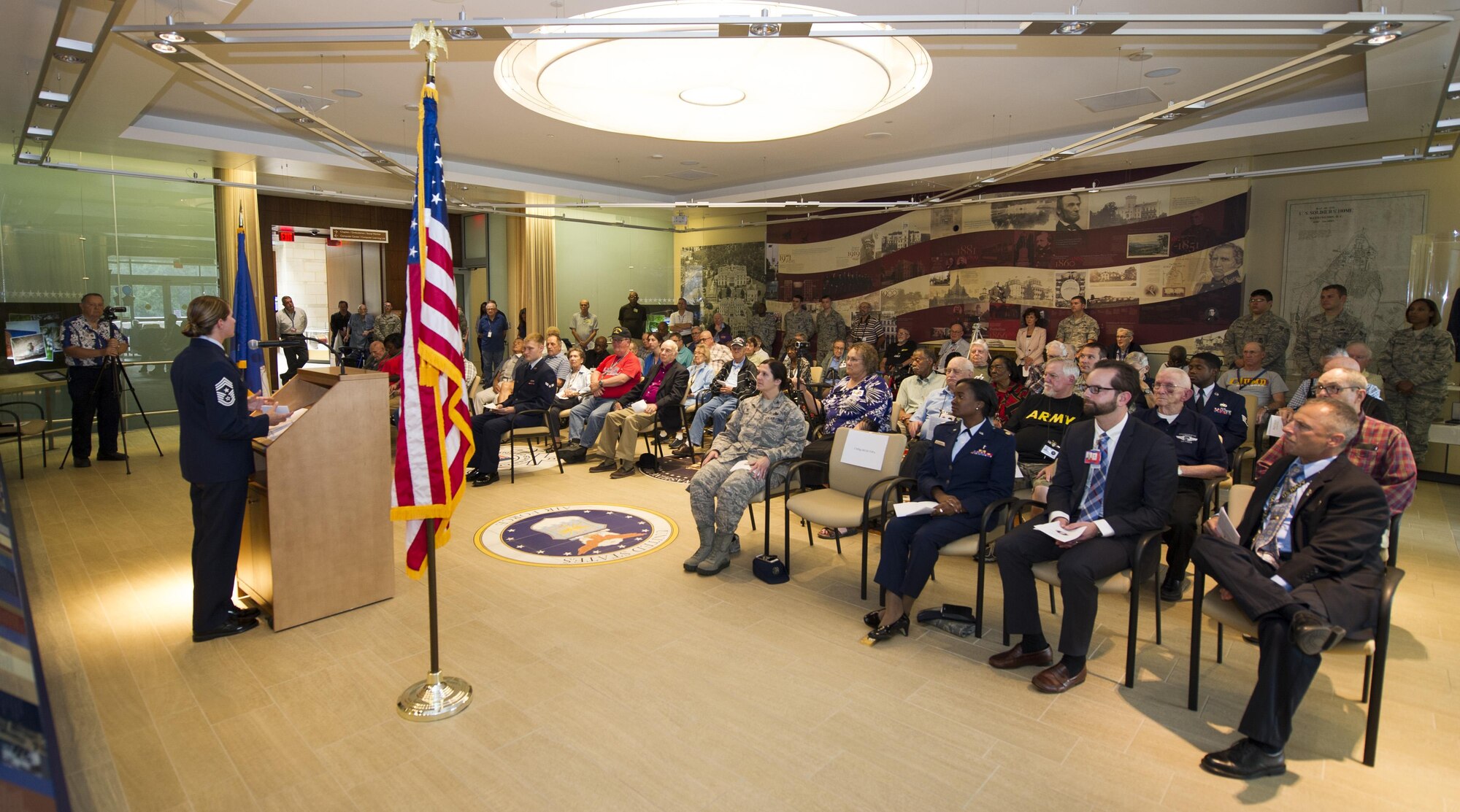 Chief Master Sgt. Beth Topa, 11th Wing command chief, speaks to attendees of the 69th Air Force Birthday Celebration at the Armed Forces Retirement Home in Washington, D.C., Sep. 16, 2016. Topa was the guest speaker of the event, focusing on the current state of the military and thanking the retirees for setting them up for success.