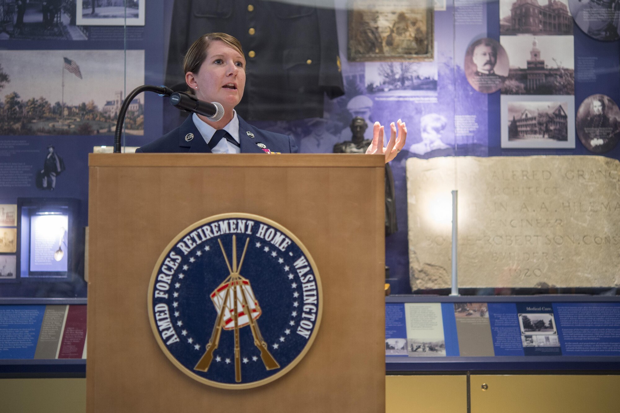 Chief Master Sgt. Beth Topa, 11th Wing command chief, speaks to attendees of the 69th Air Force Birthday Celebration at the Armed Forces Retirement Home in Washington, D.C., Sep. 16, 2016. Topa was the guest speaker of the event, focusing on the current state of the military and thanking the retirees for setting them up for success.