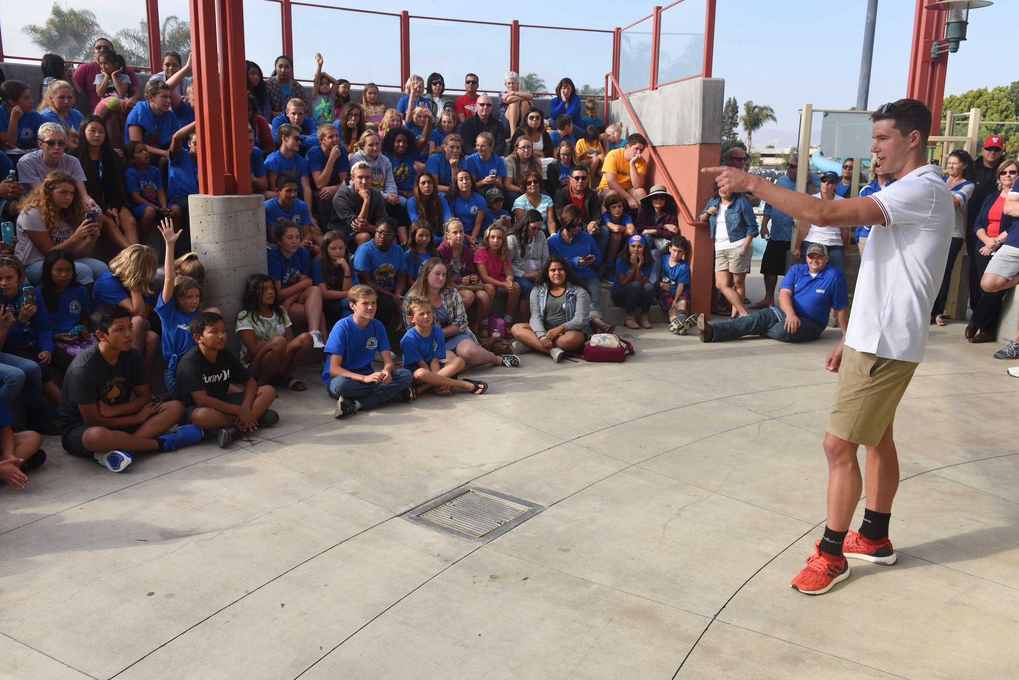 Josh Prenot, University of California Berkeley Physics major and swimmer, answers questions from students at the Santa Maria Swim Club, Sept. 9, 2016, Santa Maria, Calif. With tons of new and familiar faces looking on, Josh reflected on his journey to Rio, his experience at the Olympics, and what his future holds. (U.S. Air Force photo by Airman 1st Class Robert J. Volio/Released)