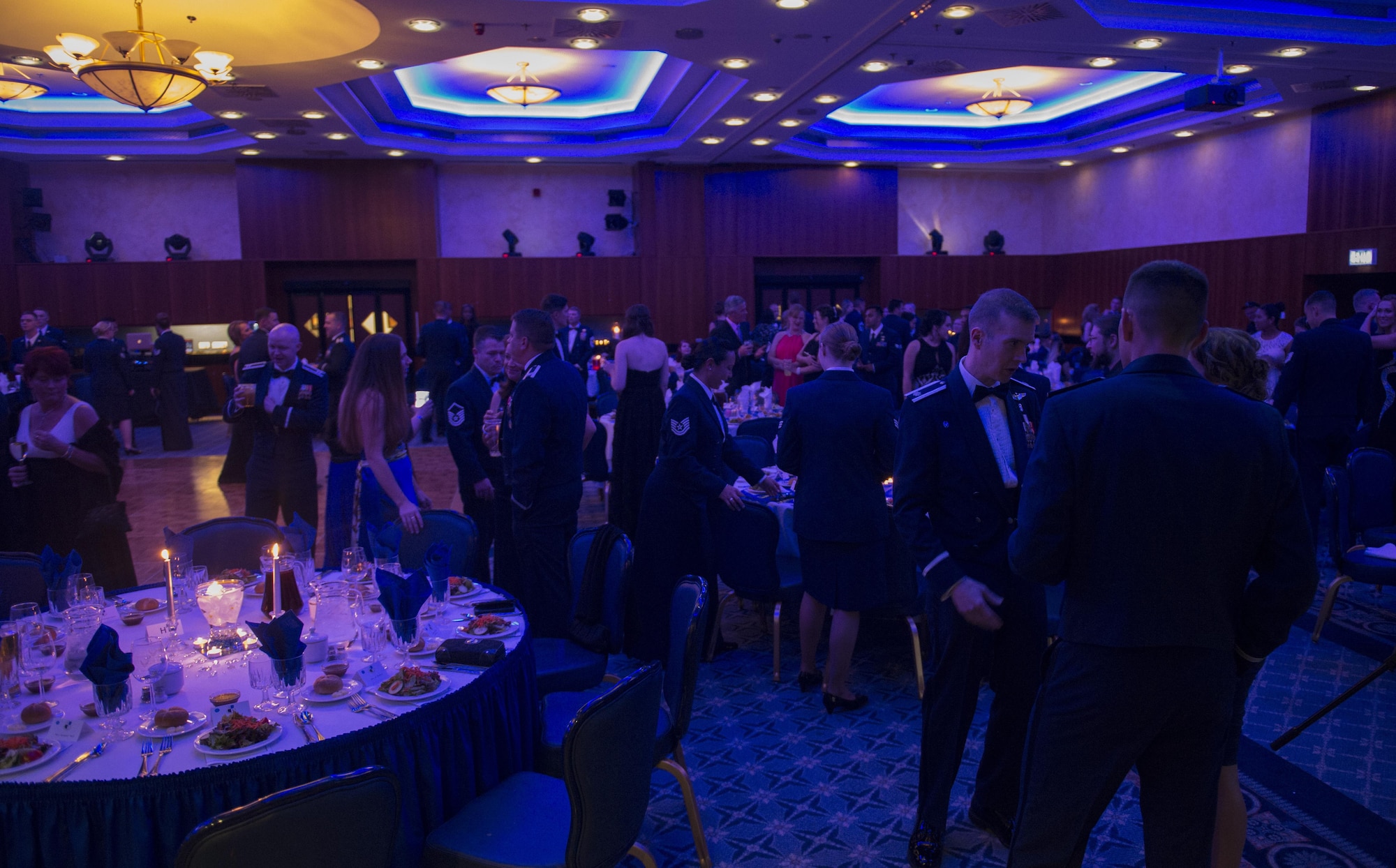 Airmen attend the Air Force Ball at Club Eifel on Spagdahlem Air Base, Germany, Sept. 17, 2016. The event celebrated the 69th anniversary of the U.S. Air Force, which formed as a separate branch of the U.S. military Sept. 18, 1947. (U.S. Air Force photo by Airman 1st Class Preston Cherry/Released)