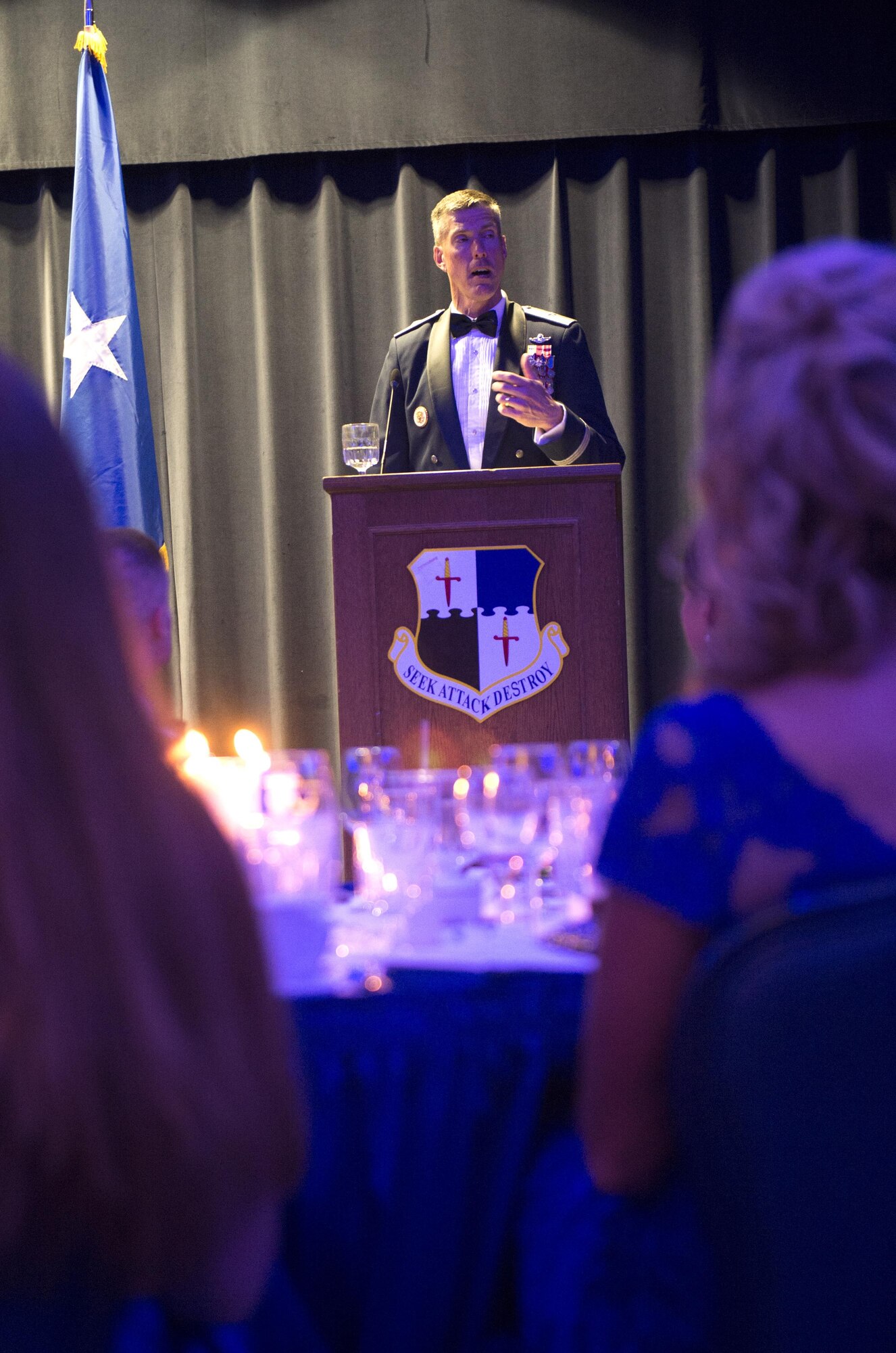 Sabers line up for a picture in their ballroom attire during the Air Force Ball at Club Eifel on Spangdahlem Air Base, Germany, Sept. 17, 2016. More than 300 members attended the annual event commemorating the Air Force’s birthday. The celebration included the Singing Sabers, a guest speaker, a three course formal dinner and dancing. (U.S. Air Force photo by Airman 1st Class Preston Cherry/Released)
