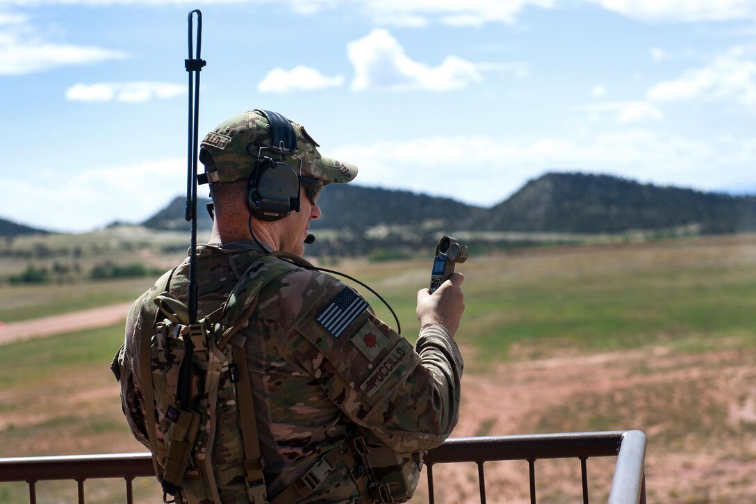Air Force Maj. John Fuccillo takes a wind reading at the Red Devil landing zone during Exercise Cerberus Strike 16-02 at Fort Carson, Colo., Sept. 12, 2016. Fuccillo is an air mobility liaison officer assigned to the 621st Mobility Support Operations Squadron, deployed to the Army's 4th Infantry Division at Fort Carson. Air Force photo by Master Sgt. Joseph Swafford