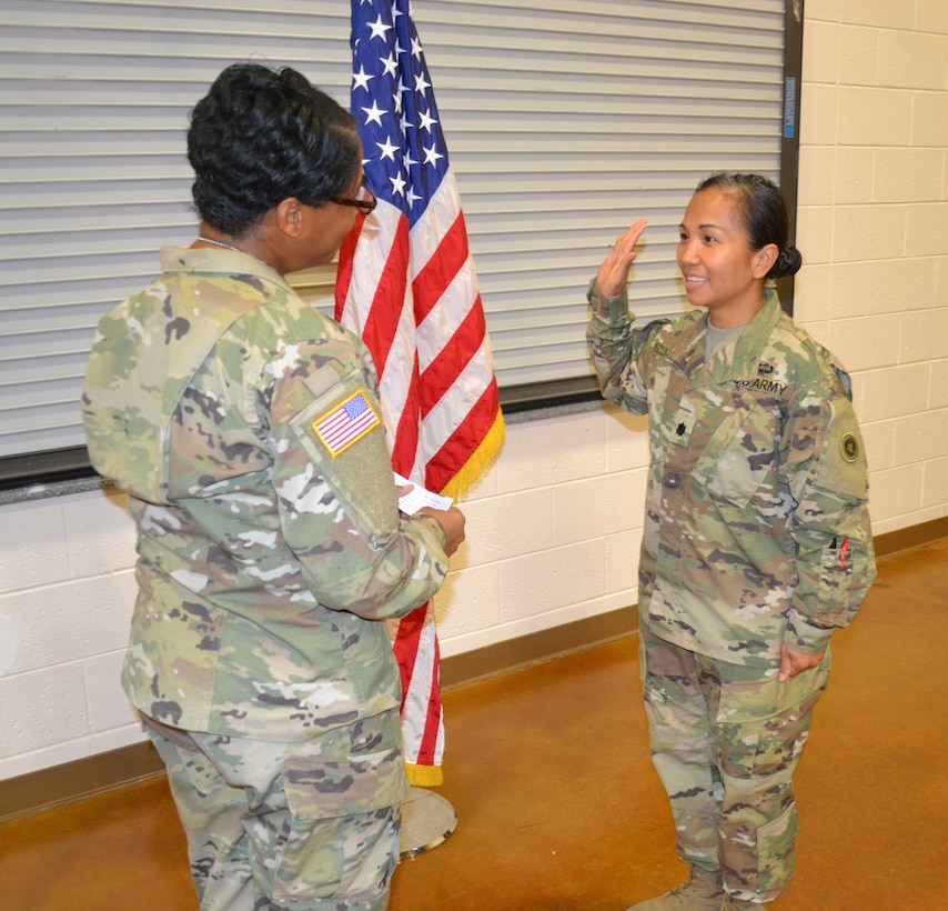 LAS VEGAS – Lt. Col. Michell R. Pascua-Gordon, a Waipahu, Hawaii native, was pinned lieutenant colonel at her new unit, the 650th Regional Support Group, at the Taylor Hall U.S. Reserve Center September 17. Pascua-Gordon enlisted into the Hawaii Army National Guard in 1994 as a personnel management specialist. She was a graduate from the University of Hawaii at Manoa and was commissioned as a second lieutenant Ordnance officer in May 2001.