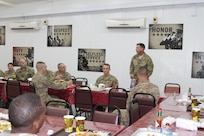Command Sgt. Maj. William F. Thetford, command senior enlisted leader of the U.S. Central Command, visited Soldiers of the 338th Transportation Detachment at the Kuwait Naval Base, Sept. 14, 2016 to get direct insight into the Soldiers' concerns, accomplishments, and current sustainment operations.

Thetford held a private luncheon with the 338th THOD Soldiers and allowed them to speak freely about their take on the current state of operations.