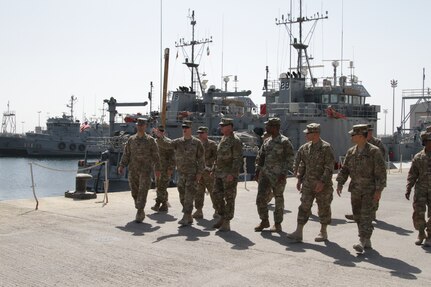 Command Sgt. Major William F. Thetford, command senior enlisted leader of the U.S. Central Command, visited Soldiers of the 338th Transportation Detachment at the Kuwait Naval Base, Sept. 14, 2016 to get direct insight into the Soldiers' concerns, accomplishments, and current sustainment operations.

Army Reserve Brandon Gooss, harbormaster tower noncommissioned officer with the 338th THOD, led a tour to inform Thetford on the current status of operations.