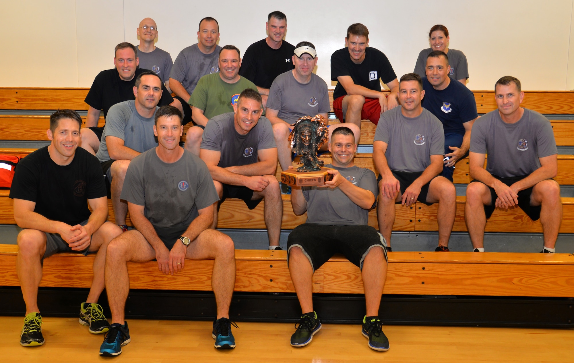 Team Mildenhall colonels and chief master sergeants pose for a photograph following a “Chiefs vs. Eagles” volleyball game Sept. 16, 2016, on RAF Mildenhall, England. The leaders partake in various sports including softball. (U.S. Air Force photo by Gina Randall)