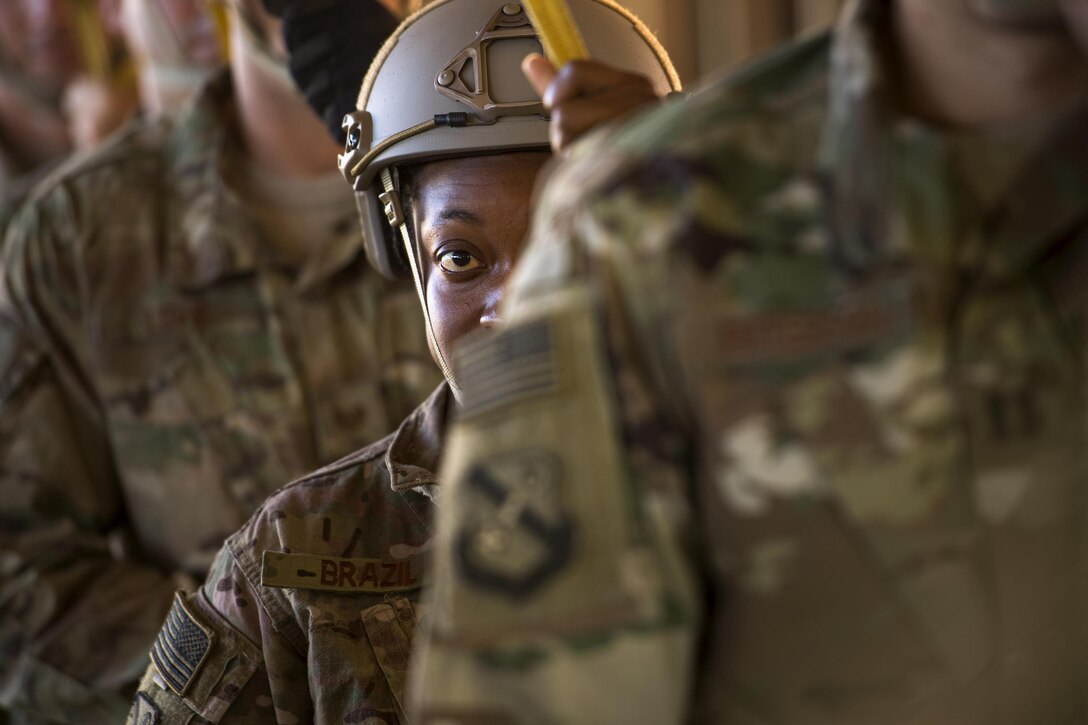 U.S. Air Force Tech. Sgt. Leticia Brazil, 823d Base Defense Squadron, practices static-line jump procedures, Sept. 16, 2016, at Moody Air Force Base, Ga. Airmen from the 820th Base Defense Group are required to jump periodically to maintain their proficiency.  (U.S. Air Force photo by Staff Sgt. Ryan Callaghan)
