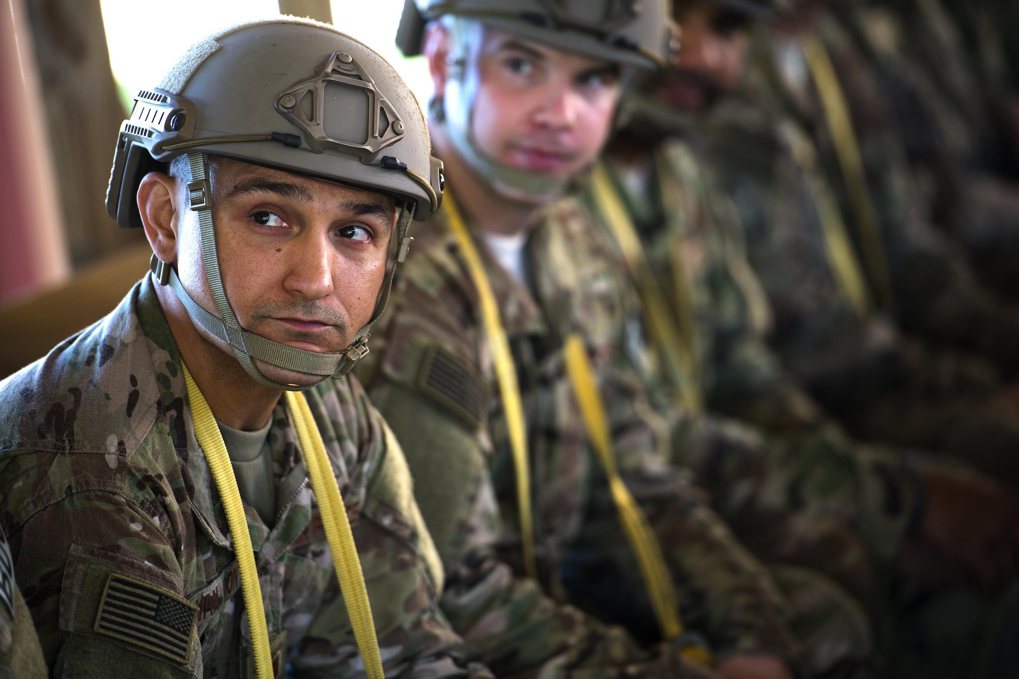 U.S. Air Force Tech. Sgt. John Vanloon III, 823d Base Defense Squadron, waits for instructions while practicing static-line jumps, Sept. 16, 2016, at Moody Air Force Base, Ga. During a static-line jump, a line is attached to the aircraft and automatically deploys the jumpers’ parachute after they’ve jumped.  (U.S. Air Force photo by Staff Sgt. Ryan Callaghan)