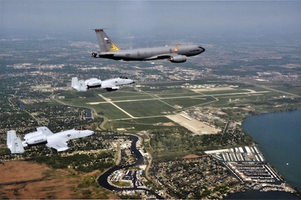 Aircrews from the Michigan Air National Guard’s 127th Wing fly the unit’s A-10 Thunderbolt II attack aircraft, left, and the KC-135 Stratotanker during a training mission. The unit was recently awarded the Air Force Meritorious Unit Award in recognition of its performance while deployed in 2015.