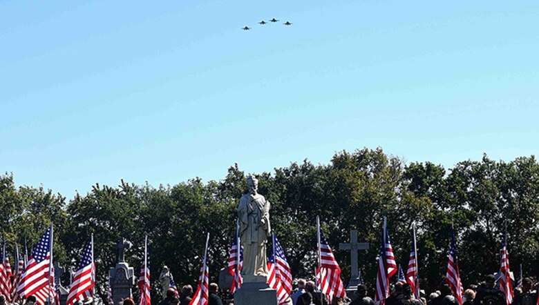 Four F-16 Fighting Falcons fly in a missing man formation over the funeral of Maj. Dean Klenda, an F-105 Thunderchief pilot who was listed as missing in action during the Vietnam War, Sept. 17, 2016, at St. John Nepomucene Church in Pilsen, Kan. Klenda was laid to rest exactly 51 years after his aircraft went down in 1965 in North Vietnam. His remains were located and verified by the Defense POW/MIA Accounting Agency. (U.S. Air Force photo/Airman Erin McClellan)