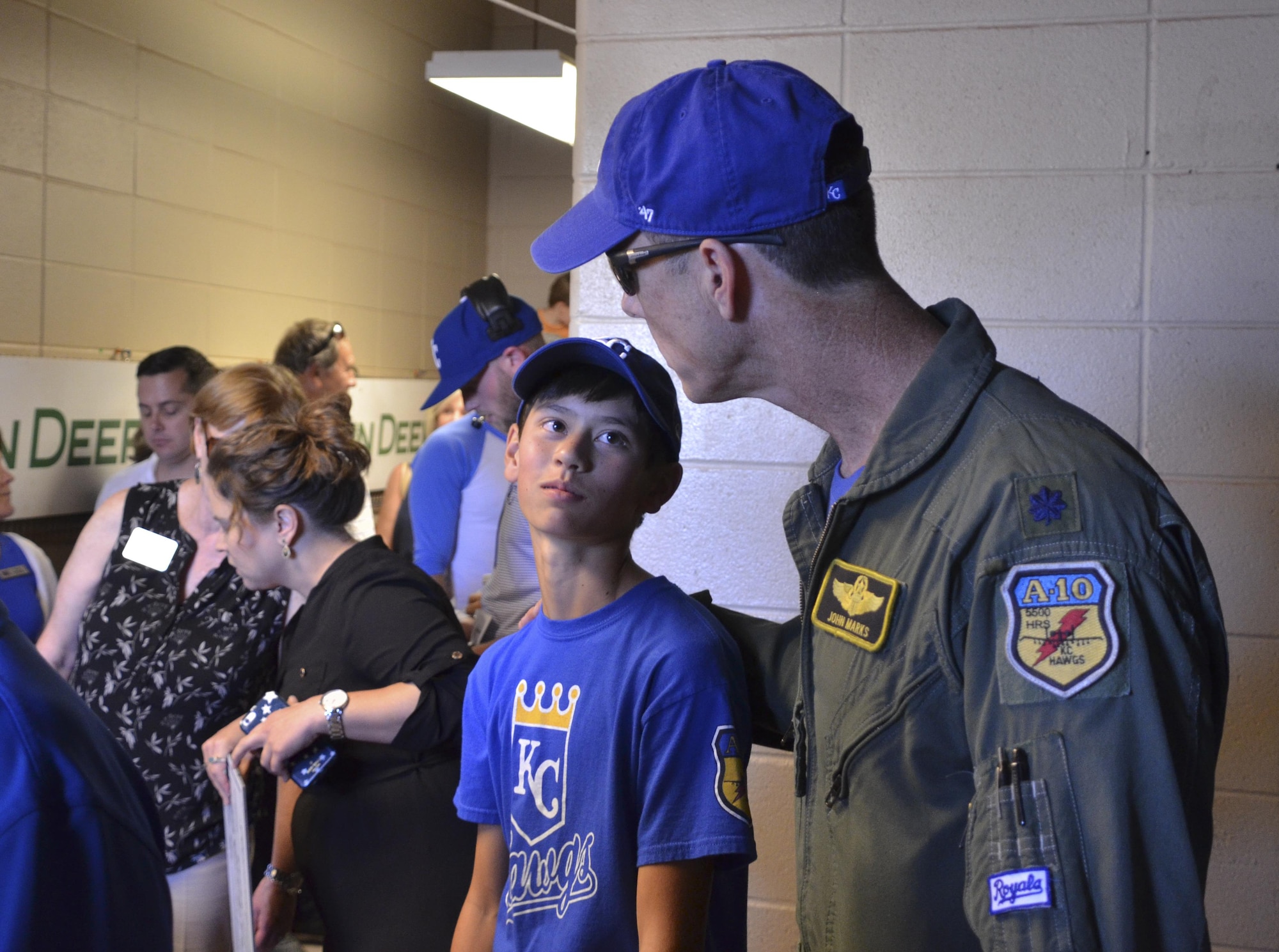 U.S. Air Force Lt. Col. John Marks, 303rd Fighter Squadron pilot, and his son Alex wait in a tunnel before they throw the opening pitch at Kauffman Stadium in Kansas City, Mo., Sept. 19, 2016. Marks previously threw in the first pitch April 8, 1991, at the Royals’ home opener against the Cleveland Indians. The Royals finished 4-2 against the Indians that day. (U.S. Air Force photo/Senior Airman Missy Sterling)