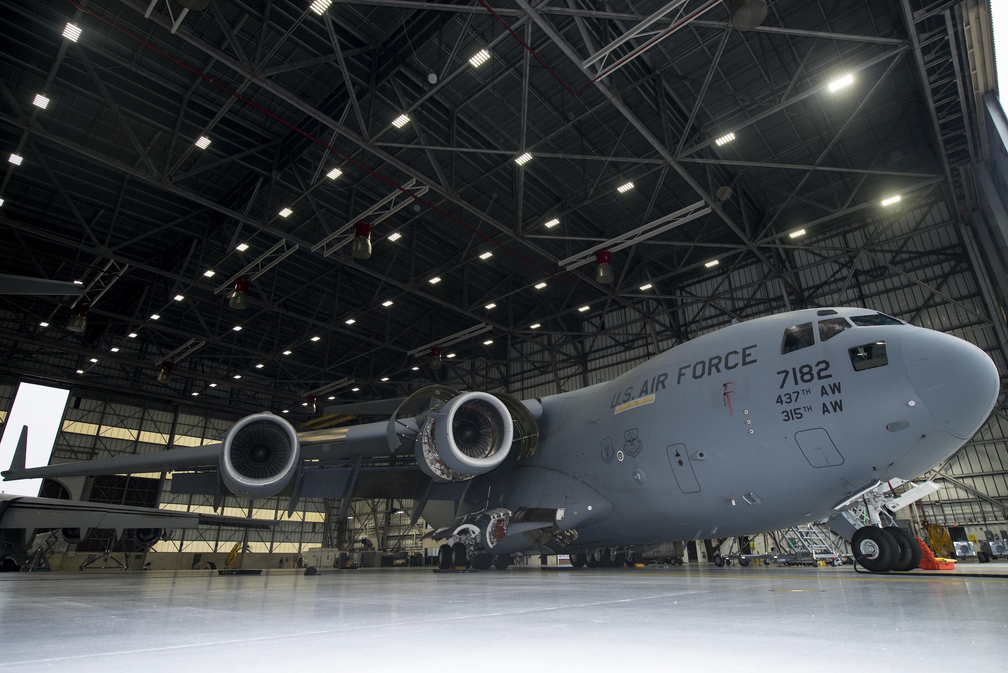 A Joint Base Charleston C-17 Globemaster III is repaired by members of the 437th Maintenance Squadron Sheet Metal and Corrosion Shop at Joint Base Charleston, South Carolina, Sept. 14, 2016. With 49 active duty and civilian members, the Sheet Metal and Corrosion Shop is responsible for the maintenance on all 48 C-17 aircraft stationed here.