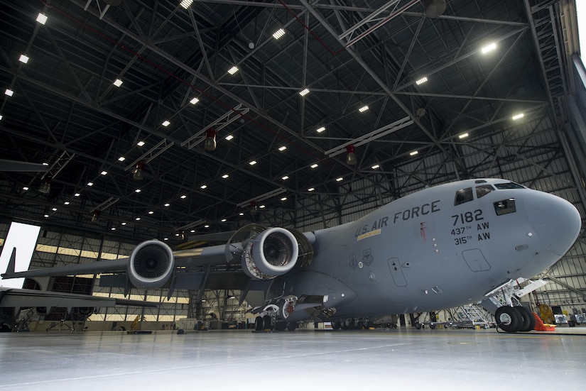 A Joint Base Charleston C-17 Globemaster III is repaired by members of the 437th Maintenance Squadron Sheet Metal and Corrosion Shop at Joint Base Charleston, South Carolina, Sept. 14, 2016. With 49 active duty and civilian members, the Sheet Metal and Corrosion Shop is responsible for the maintenance on all 48 C-17 aircraft stationed here.