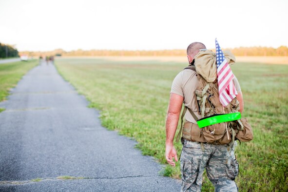 Military members from all services turned out to ruck-march across Eglin Air Force Base, Fla., Sept. 16 to arrive at the annual POW/MIA Recognition Day ceremony held at the Air Force Armament Museum.  (Courtesy photo/Andrew Olimb)