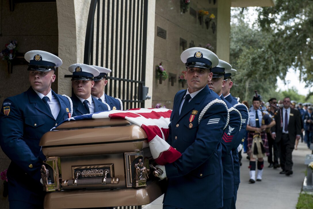 Members of the Coast Guard's ceremonial honor guard carry the casket of Dorothy Kurtz, the last member of the Coast Guard Women's Reserve, also known as Semper Paratus Always Ready, in Venice, Fla., Sept. 19, 2016. Kurtz served in the Coast Guard from 1943 to 1946. Coast Guard photo by Petty Officer 1st Class Michael De Nyse