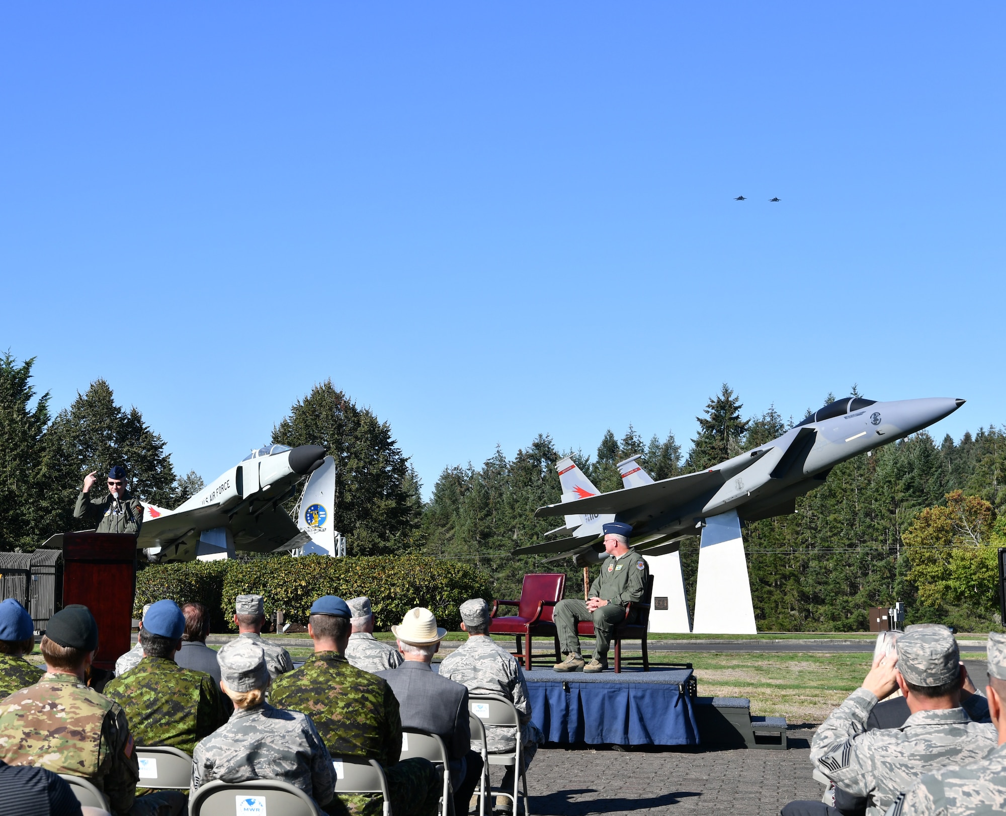 Two F-15s from the 142nd Fighter Wing, Oregon Air National Guard, fly over the Western Air Defense Sector during the F-15 static display dedication ceremony Sept. 13. The WADS has been guarding America's skies in the same building 24/7 since 1960 and regularly uses F-15 alert aircraft to perform its mission. (U.S. Air National Guard photo by Kimberly D. Burke)
