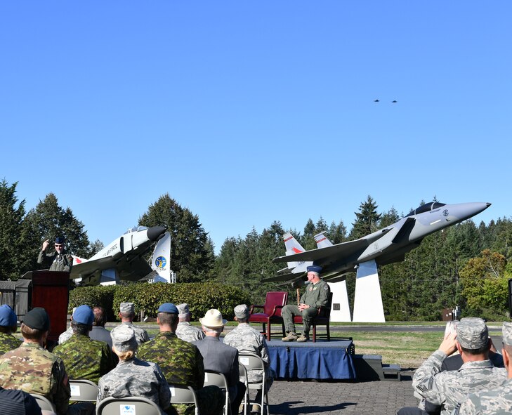 Two F-15s from the 142nd Fighter Wing, Oregon Air National Guard, fly over the Western Air Defense Sector during the F-15 static display dedication ceremony Sept. 13. The WADS has been guarding America's skies in the same building 24/7 since 1960 and regularly uses F-15 alert aircraft to perform its mission. (U.S. Air National Guard photo by Kimberly D. Burke)
