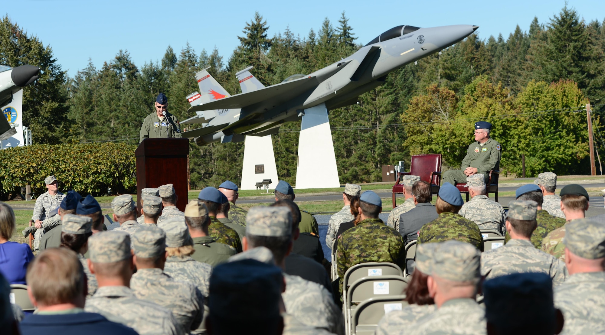 The Western Air Defense Sector holds a formal dedication ceremony Sept. 13 at the WADS Air Park for a McDonnell Douglas F-15A Eagle.  The guest speaker, Col. Robert Hehemann, the Individual Mobilization Augmentee assigned to the NORAD/US NORTHERN Command J3 Operations Division, highlights the F-15 capabilities and its role in NORAD air defense.  The WADS has been guarding America's skies in the same building 24/7 since 1960 and regularly uses F-15 alert aircraft to perform its mission. (U.S. Air Force photo by Senior Airman Jacob Jimenez)