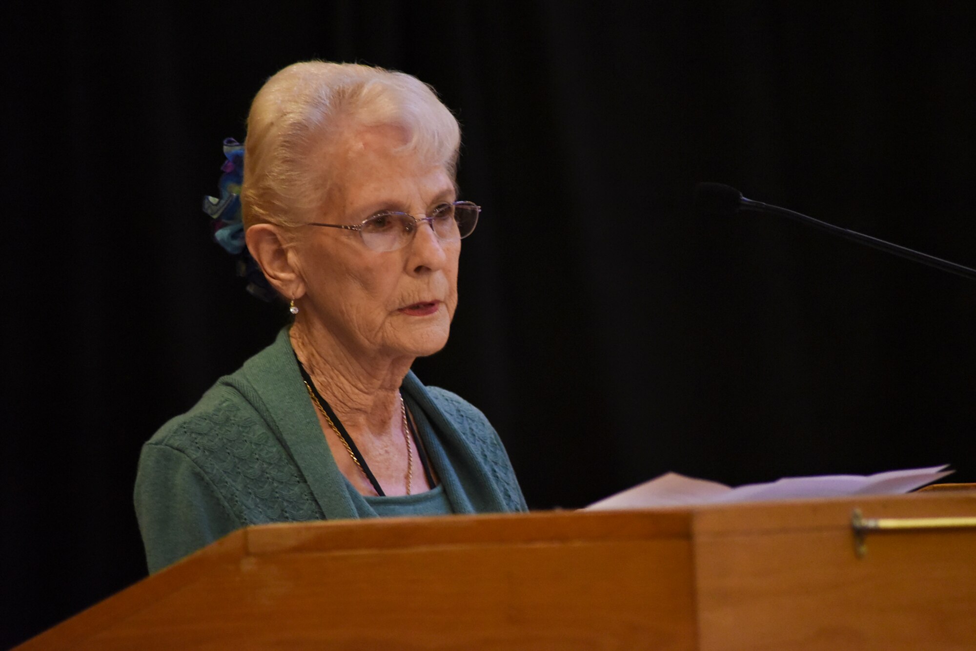 PETERSON AIR FORCE BASE, Colo. – Dawn Francois, widow of a former POW, tells her husband’s story during the POW/MIA ceremony at the base chapel at Peterson Air Force Base, Colo., Sept. 16, 2016. Francois spoke about her husband’s experiences as a POW and how he coped when he returned. (U.S. Air Force photo by Philip Carter)