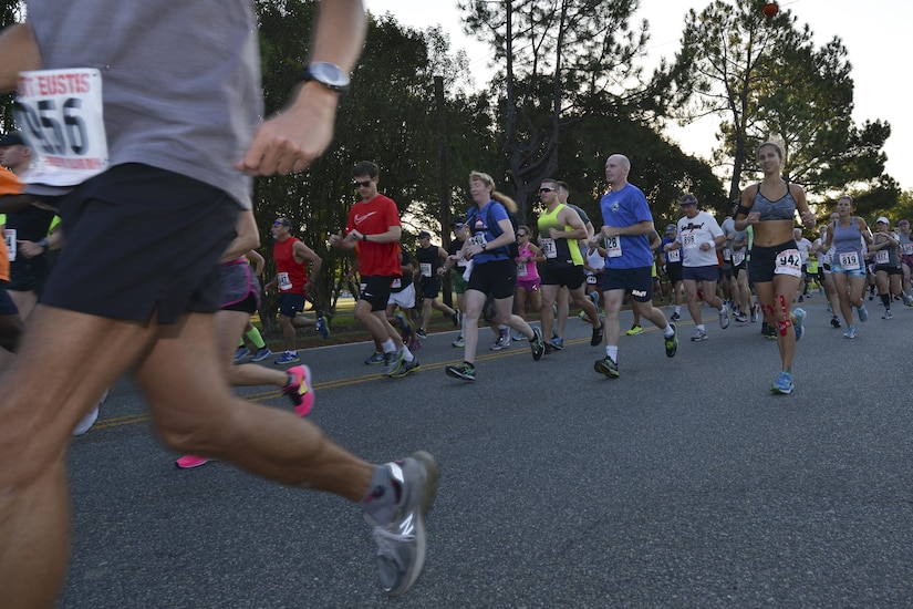 Mulberry Island Half Marathon participants take off from the starting line at Joint Base Langley-Eustis, Va., Sept. 17, 2016. While on a military installation, the race was open to civilian runners to strengthen bonds with the community. (U.S. Air Force photo by Staff Sgt. Natasha Stannard/Released)
