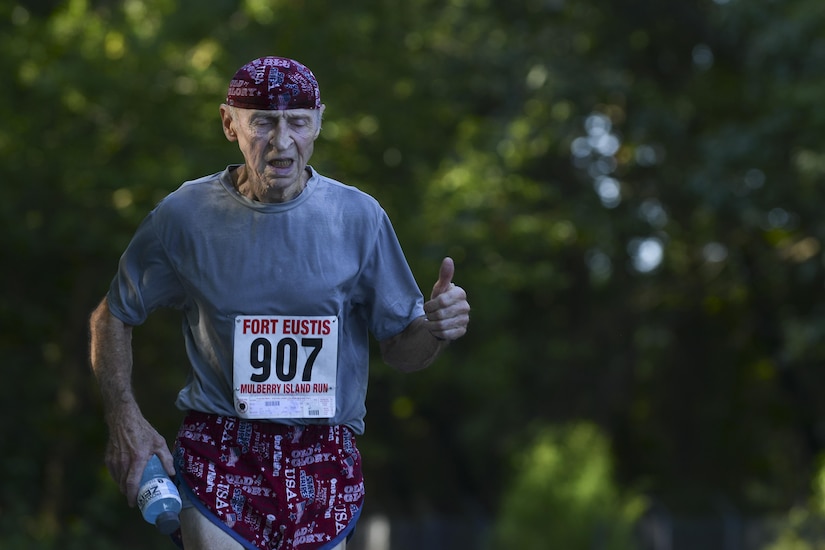 Doug Berry runs in the Mulberry Island Half Marathon at Joint Base Langley-Eustis, Va., Sept. 17, 2016. Berry, a U.S. Army and U.S. Navy veteran, runs the Marathon annually to challenge himself.  (U.S. Air Force photo by Staff Sgt. Natasha Stannard/Released)