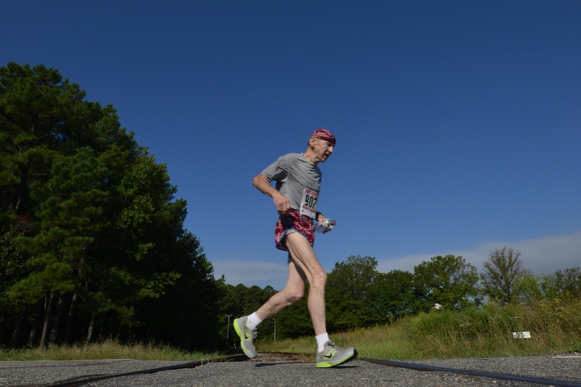 Doug Berry runs in the Mulberry Island Half Marathon at Joint Base Langley-Eustis, Va., Sept. 17, 2016. Berry placed second in his age group with a time of 02:23:18, averaging a 10 minute and 56 second pace.  (U.S. Air Force photo by Staff Sgt. Natasha Stannard/Released)