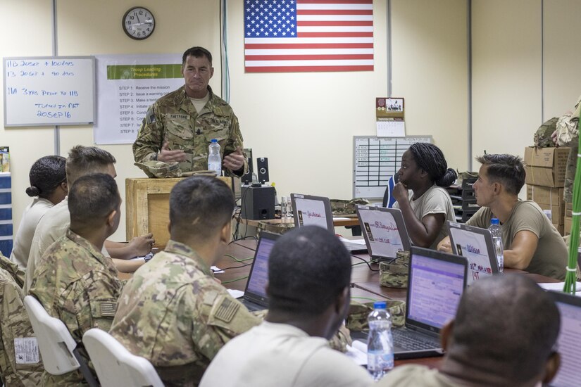 Command Sgt. Maj. William Thetford, the senior enlisted leader of U.S. Central Command, speaks to students enrolled in the Basic Leaders Course at Camp Buehring,Kuwait on Sep. 15, 2016. Thetford gave the new and soon-to-be noncommissioned officers leadership advice during his two-day visit to Kuwait. (U.S. Army photo by Sgt. Angela Lorden)