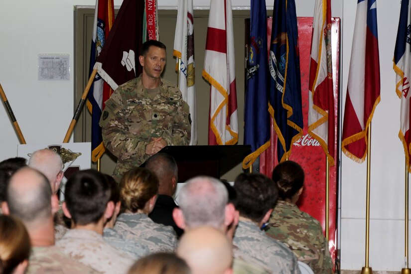 Lt. Col. Brian Hemann, the theater consultant for cardiology at the U.S. Military Hospital-Kuwait, briefs military healthcare professionals during the USMH-K Healthcare Symposium, September 4 at Camp Arifjan, Kuwait. The multi-component forum included appearances from Maj. Gen. William Hickman, deputy commanding general-operations, U.S. Army Central, and healthcare practitioners, leaders and assistants from the U.S. Army, Marine Corps, Navy, Air Force, as well as from the Kuwait Military Hospital.