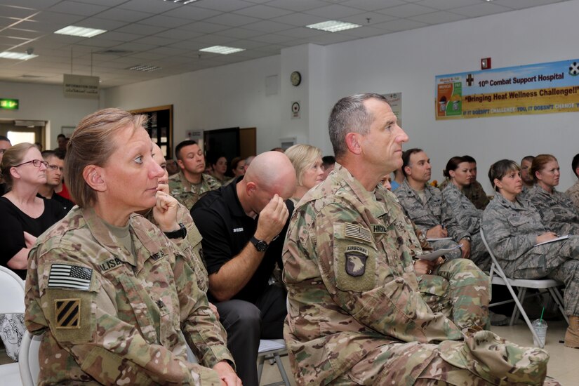 Maj. Gen. William Hickman, U.S. Army Central deputy commanding general-operations, listens to a brief during the U.S. Military Hospital-Kuwait Healthcare Symposium. The symposium was hosted by the 10th Combat Support Hospital to provide an open forum to healthcare professionals in all military branches and Kuwaiti professionals.