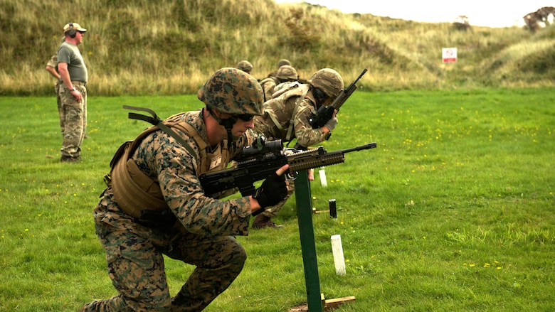 Sgt. Chris Anderson starts running to the next course of fire, Sept. 13, 2016, at Altcar Training Camp, Merseyside, England. The Marines are participating in a practice match during the Royal Marines Operational Shooting Competition from Sept.  6-22, 2016.  The U.S. Marines are competing against the Royal Netherlands Marine Corps and the Royal Marines. Anderson is with Weapons Training Battalion, Marine Corps Base Quantico, Virginia.